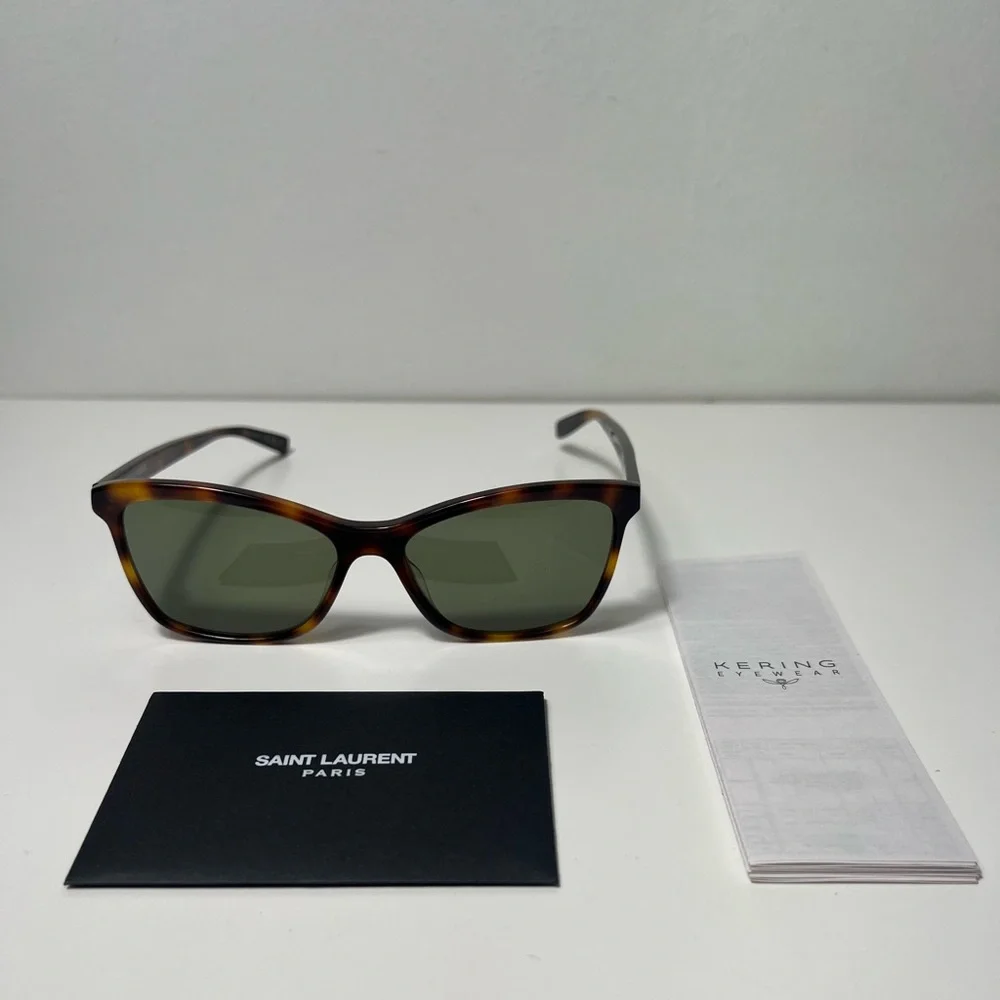 Saint Laurent YSL Logo Tortoise Shell Havana Green Cat Eye Square Sunglasses
